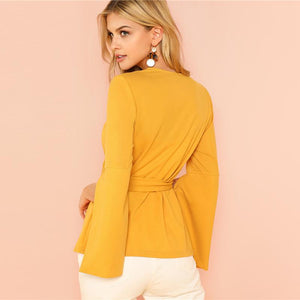 Yellow Split Sleeve Belted Long Sleeve Blazer