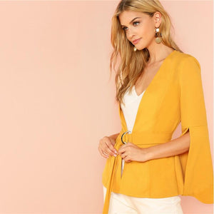 Yellow Split Sleeve Belted Long Sleeve Blazer