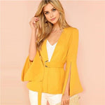 Yellow Split Sleeve Belted Long Sleeve Blazer