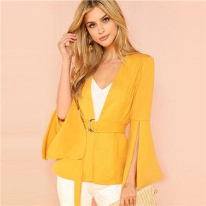 Yellow Split Sleeve Belted Long Sleeve Blazer