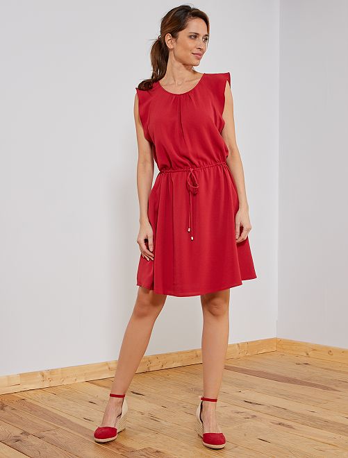 Embroidered Front Frill Hem Dress - Red.