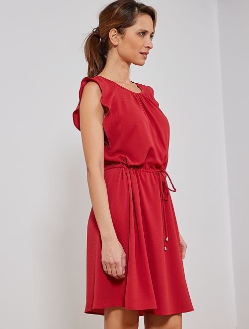 Embroidered Front Frill Hem Dress - Red.